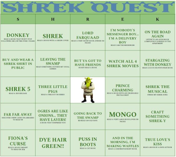 Et bingobrett med 5x5 ruter og tittelen Shrek Quest, den midterste ruten har et bilde av Shrek. De andre rutene har følgende oppgaver: Donkey: Read a book that keeps following me (on TBR more than 5 years) Shrek: Read a book with a green cover Lord Farquaad: Read a very short book (<150 pages) "I am nobody's messenger boy, I'm a delivery boy!": Read I am the Messenger On the Road Again: Listen to an audiobook completely outside the apartment Buy and wear a Shrek shirt in public Leaving the swamp: Read something outside my normal genres But ya got to have friends: Buddy-read a book Watch all four Shrek Movies Stargazing with Donkey: Read a sci-fi or dystopian book Shrek 5: Read a 2025 release Three little pigs: Read a trilogy or series Prince Charming: Read a book with an unlikeable protagonist Shrek the musical: Finish my shrek song Far, far away: Discover 3 new cafes or libraries to read in "Ogres are like onions! They have layers!": Read a book that surprises you Going back to the swamp: Re-read an old fave Mongo: Read a very large book (>700 pages) Craft something shrek-y Fiona's Curse: Read a book I meant to read in 2024 Dye hair green Puss in boots: Read a cat book "And in the morning, I'm making waffles": Read a chef/restaurant book True Love's Kiss: Read a book by a favourite author